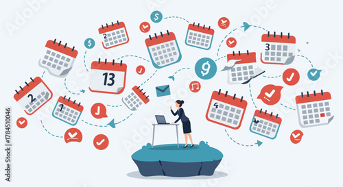 Woman working on laptop surrounded by calendar icons, planning schedule.
