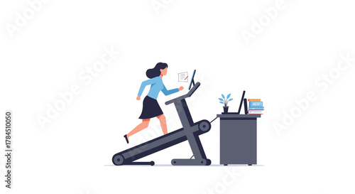 Woman working on treadmill in office, multitasking and staying active.