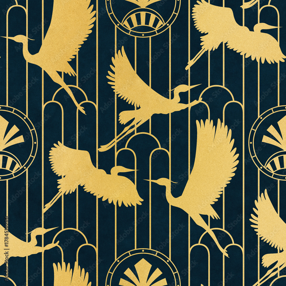 Obraz premium Art Deco Golden Herons on Navy Blue