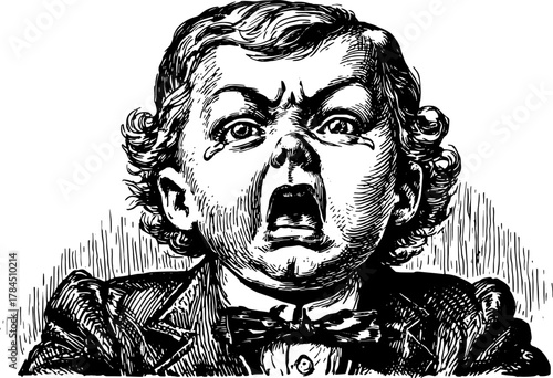 Engraving of a child screaming. This hand-drawn black outline illustration captures a powerful expression in a vintage vector style.