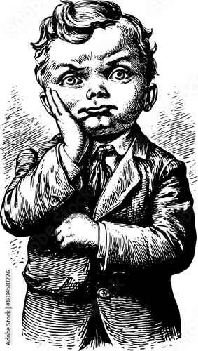 Engraved boy illustration featuring a thoughtful expression in a vintage style. This black outline artwork is a unique vector illustration set.