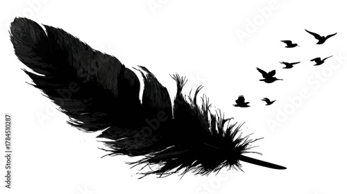 Black feather with flying birds silhouette on white background, symbol of freedom, lightness, and inspiration, graphic design element.