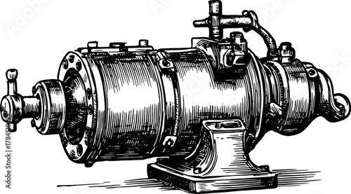 Vintage mechanical engine illustration in black and white. Technical outline drawing of machinery and parts, presented as a vector art set.