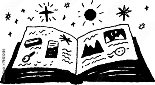 Open book with artistic drawings and symbols featuring abstract elements like stars and mountains. This vector illustration captures creativity and imagination.