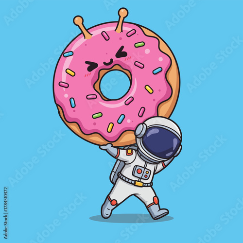Astronaut Carrying a Giant Donut with Alien Antennae Illustration.