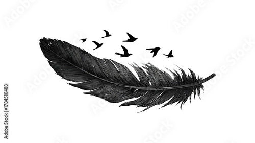 Elegant black feather silhouette with small bird flock flying away. Symbol of freedom, dreams, migration, lightness, and spiritual journey.