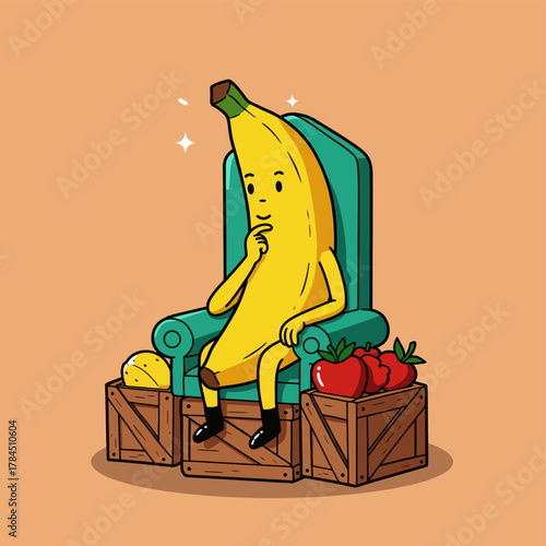 Banana King Cartoon Illustration on Throne with Fruit.