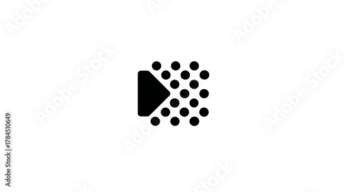 Abstract black and white play button icon with exploding or dissolving dots. Graphic element for digital, technology, and data concepts.