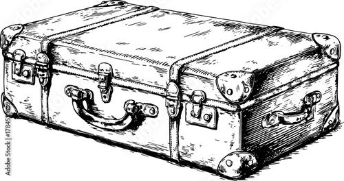 Vintage luggage suitcase in black and white outline. Classic vector illustration with timeless design, perfect for historical art collections.