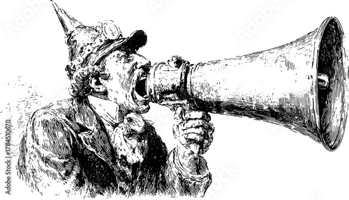 A man in a vintage suit shouts into a megaphone. Monochrome engraving vector illustration with detailed linework in black and white.