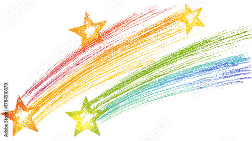 Vibrant textured shooting stars with rainbow brushstroke trails. Whimsical and festive design element, ideal for celebrations and magic.