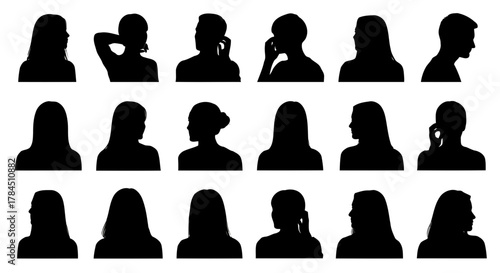 Vector art of collection of diverse people silhouettes set of various head profiles, representing different genders, ages, and hairstyles in simple black shapes