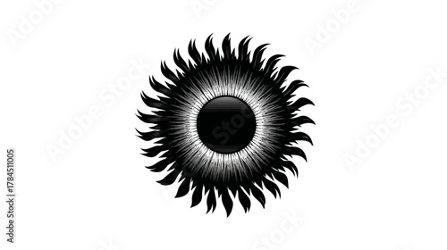 Stylized black and white sun or star illustration with radiating light rays, abstract celestial graphic design element