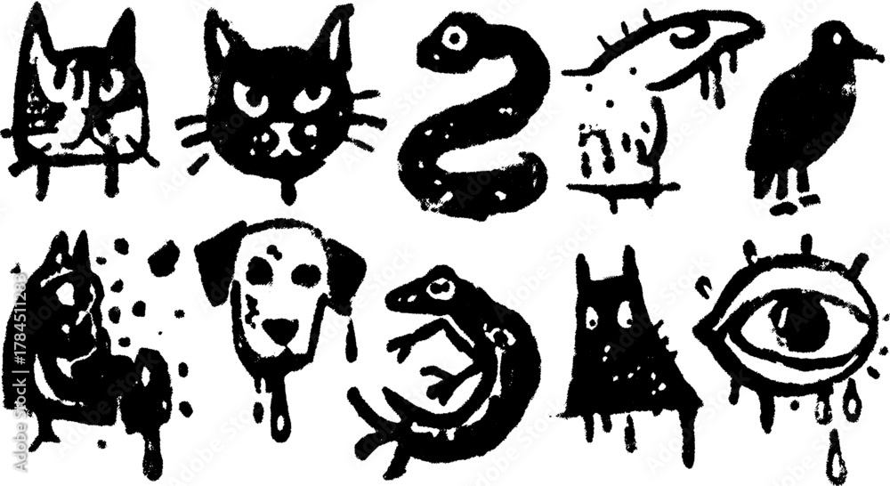 Naklejka premium Stylized animals including cat, dog, lizard, and snake. Black vector illustration with a simple design style, suitable for various graphic uses.