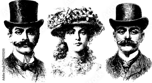 Engravings of three Victorian portraits: two men and one woman with hats. Vintage vector illustration set showcasing detailed black and white features.