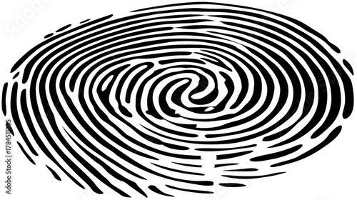 Detailed black and white human fingerprint illustration representing identity, privacy, security, and biometric authentication technology.