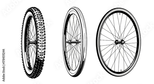 Vector art of set of bicycle wheels illustration hand drawn bike wheel, bicycle tire, and spokes in different angles and styles