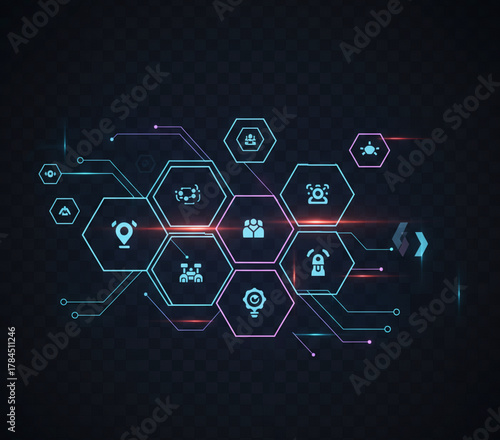 Futuristic Tech Hexagon Icons Connecting Technology and Data Visualization Concepts