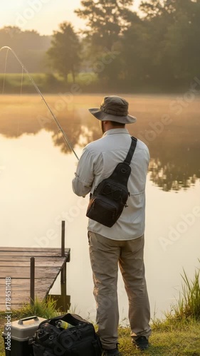 A man casts his line into the water, hoping to catch a fish while enjoying the tranquility of the morning