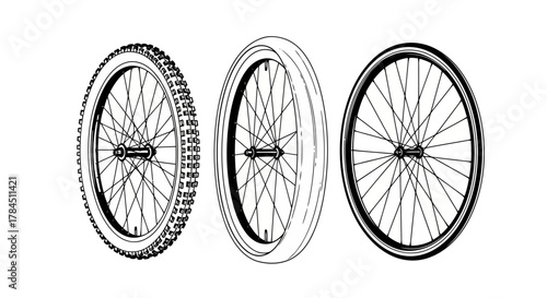 Vector art of illustration of three bicycle wheels with different tires