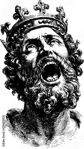 King silhouette engraving with detailed beard, crown, and dramatic expression. The vintage vector illustration showcases artistry and historical elements.