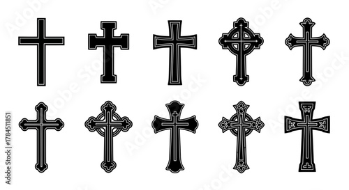 Vector art of collection of christian cross icons, featuring various styles and designs for religious and spiritual themes