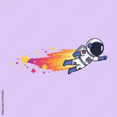 Cartoon Astronaut Soaring Through Space with Colorful Trail.