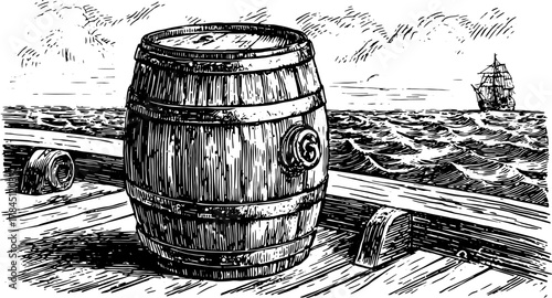 A wooden barrel on a ship beside the ocean. Vintage engraving style vector illustration with detailed outlines in black and white.
