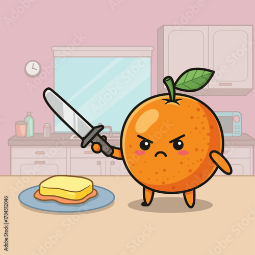 Cartoon Orange with Knife Threatening Butter in Kitchen.