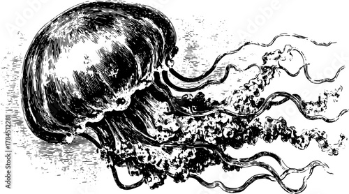 Jellyfish in black silhouette style. Vintage vector illustration of marine life in a decorative set.