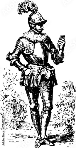 Knight silhouette in a vintage style, dressed in armor and holding a card. A historical engraved vector illustration showcasing retro design.