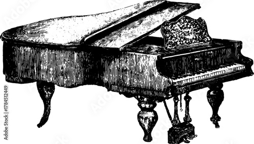 Grand piano instrument in detailed vintage design. Elegant wood craftsmanship, monochrome vector illustration.