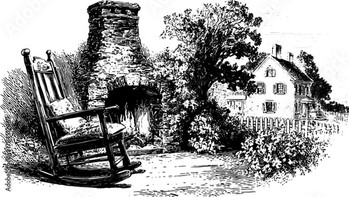 Vintage rocking chair by the fireplace in a detailed line drawing illustration set in a serene outdoor scene. Vector artwork showcasing a charming homestead.