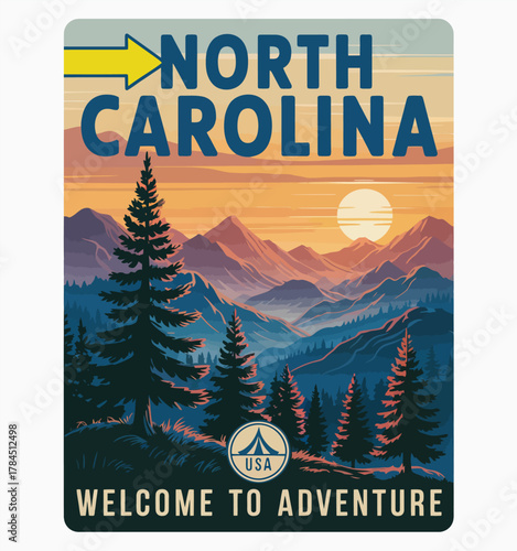Retro travel poster  sticker design for North Carolina featuring the Great Smoky Mountains, vintage typography, scenic landscapes, and classic American travel vibes for souvenirs and deco