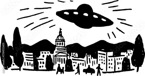 Silhouette of a cityscape featuring outlines of buildings, trees, and people under a UFO in the sky. Simple vector illustration with a hand-drawn style.