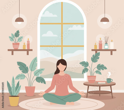 A serene woman practices yoga and meditation in a cozy, plant-filled room, embracing mindfulness and tranquility at home