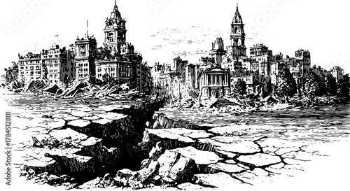Engravings of urban destruction showcasing detailed architecture silhouettes. Vintage illustration of cracks and ruins in a desolate landscape vector.