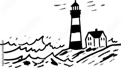 Lighthouse silhouette drawing. Black outline art of a coastal scene with waves and a house. This vector illustration captures a simple landscape set.