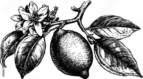 Lemon with flower and leaves in vintage outline style. Black and white vector illustration highlighting botanical details.