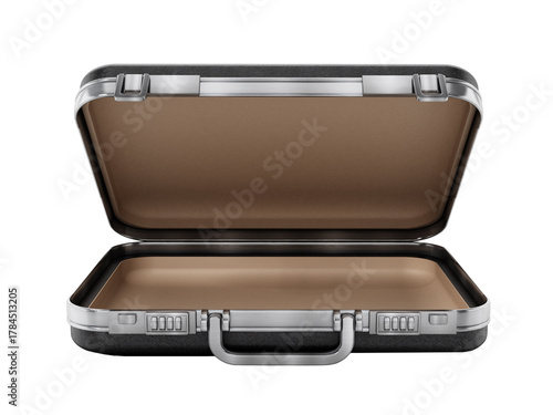 Open empty classic briefcase isolated on transparent background. 3D illustration