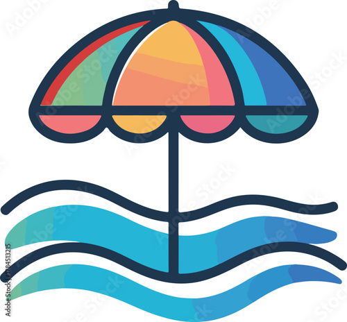 Vibrant beach umbrella vector over blue waves symbolizing summer vacation and water activities