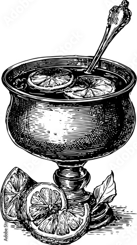 Vintage punch bowl with sliced lemon and a spoon. Detailed vector illustration showcasing the serving vessel in black and white.
