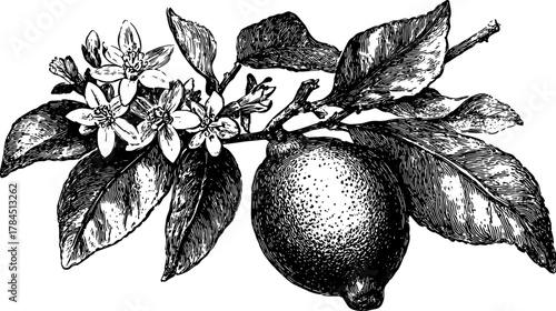 Vintage lemon branch illustration with flowers and leaves. Detailed black and white vector illustration in a classic botanical style, suitable for various projects.