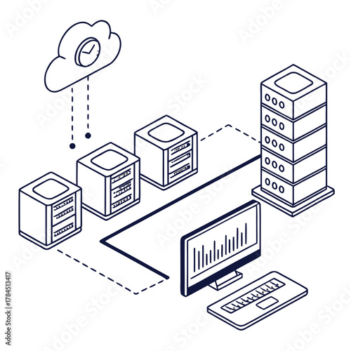 Isometric illustration of cloud computing network infrastructure with server, computer, and data flow, showcasing modern technology and digital communication
