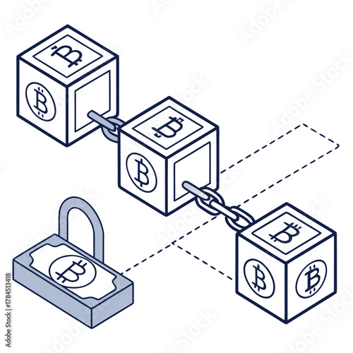 Isometric bitcoin blockchain network concept with secure cryptocurrency transactions and decentralized digital currency