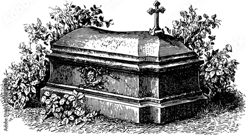 Tomb illustration in vintage style. Black and white outline vector artwork featuring a cross and surrounding flora in an engaging set.