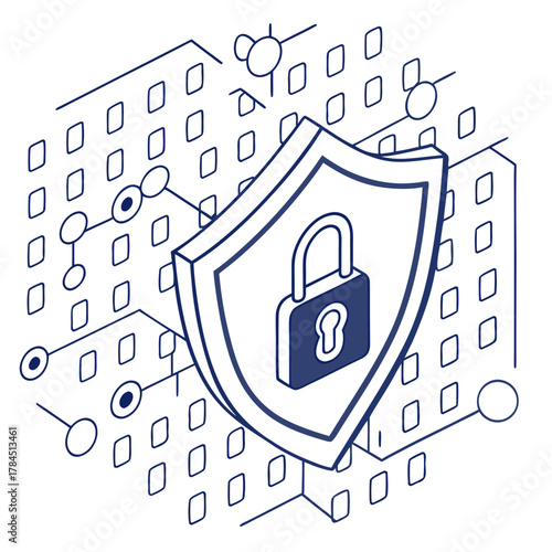 Isometric illustration of a shield with a padlock, representing cybersecurity and data protection