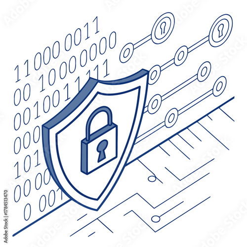Isometric illustration of a shield with a padlock, representing cybersecurity and data protection