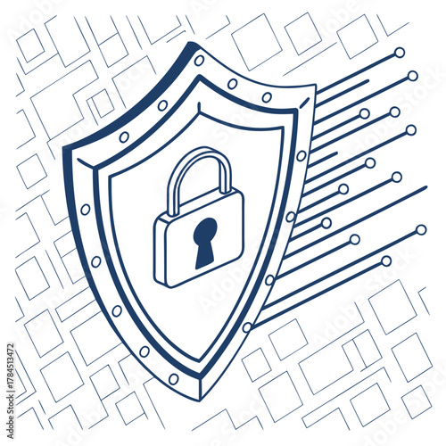 Isometric illustration of a shield with a padlock, representing cybersecurity and data protection