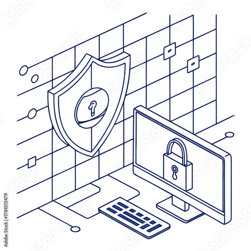 Isometric illustration depicting cybersecurity measures with a shield, computer, and keyboard, represents data protection and online safety